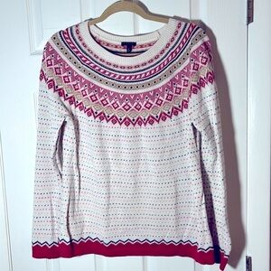 Talbots women’s fair isle sweater lambswool blend red white beige crewneck LG